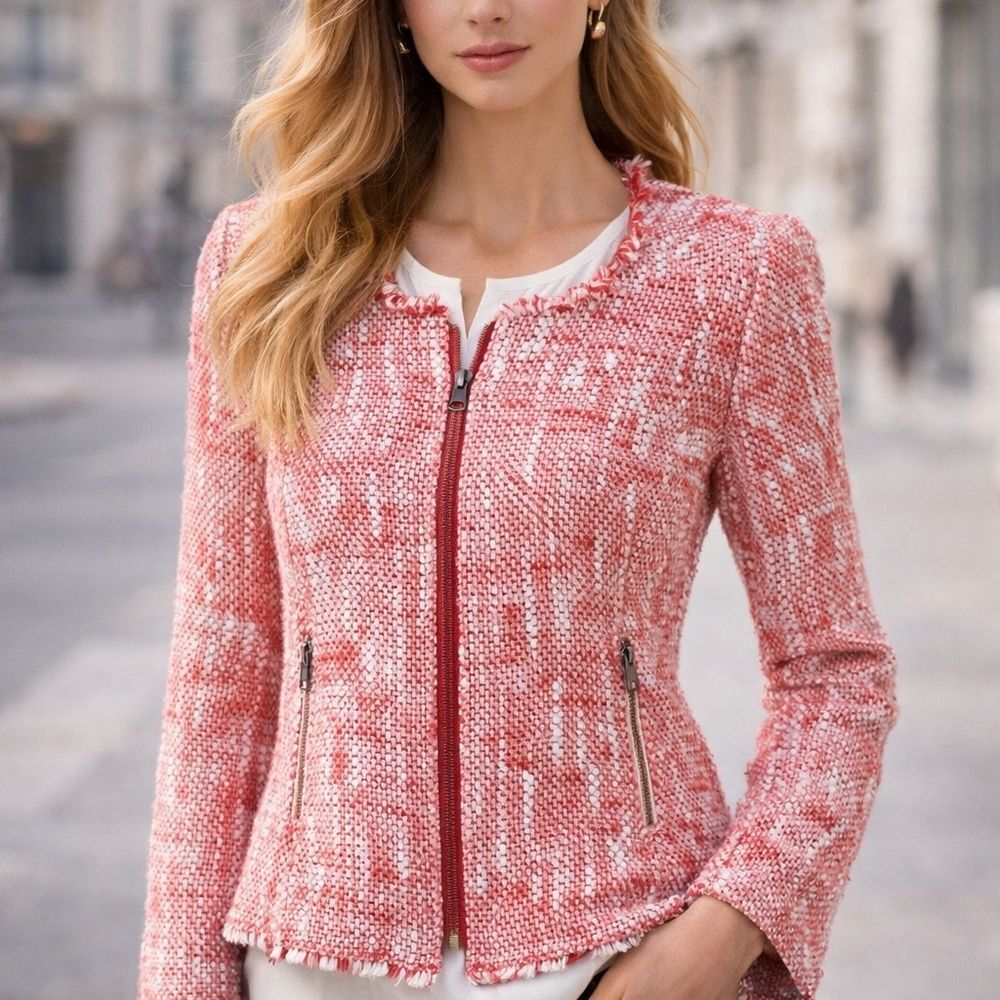 Joie NWT Collis Cherry Tweed Zip Blazer Frayed Jacket Size L Parisian Feminine